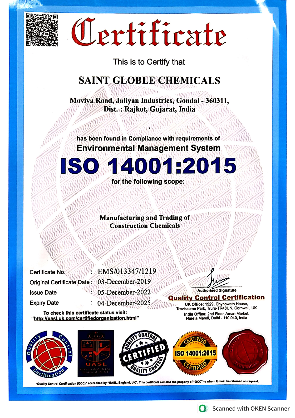 ISO 14001:2015 Environmental Management System Certificate