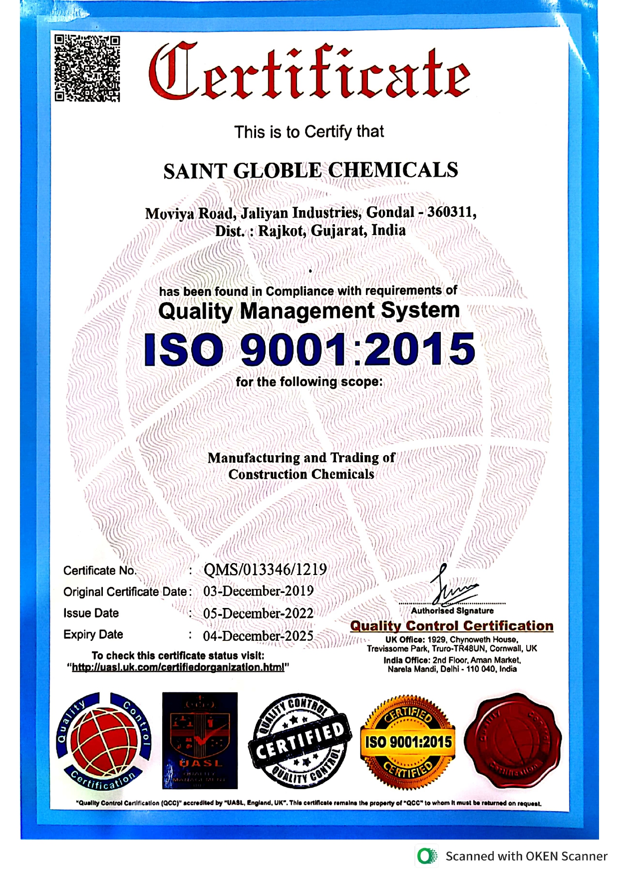 ISO 9001:2015 Quality Management System Certificate