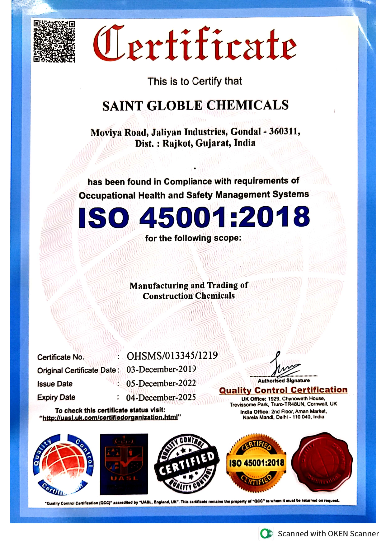 ISO 45001:2018 Occupational Health and Safety Management System Certificate